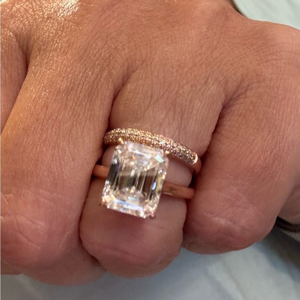 4 carat Emerald cut Moissanite Ring & band natural diamonds.10k Rose Gold size 4